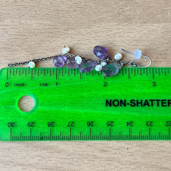 VINTAGE 925 SS FACETED MULTI AMETHYST PEARL CLUSTER BUNCH DANGLE DROP EARRINGS - Picture 5 of 16